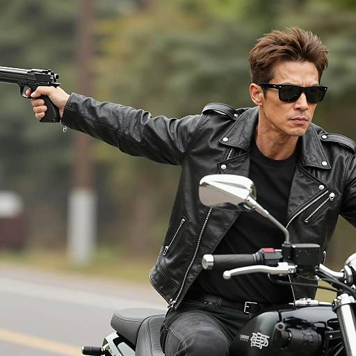 Man on Motorcycle Aiming Gun