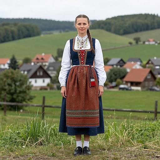 Photograph of a smiling Caucasian woman in traditional Bavarian dress with a brown apron, white blouse, and black shoes, standing in a grassy