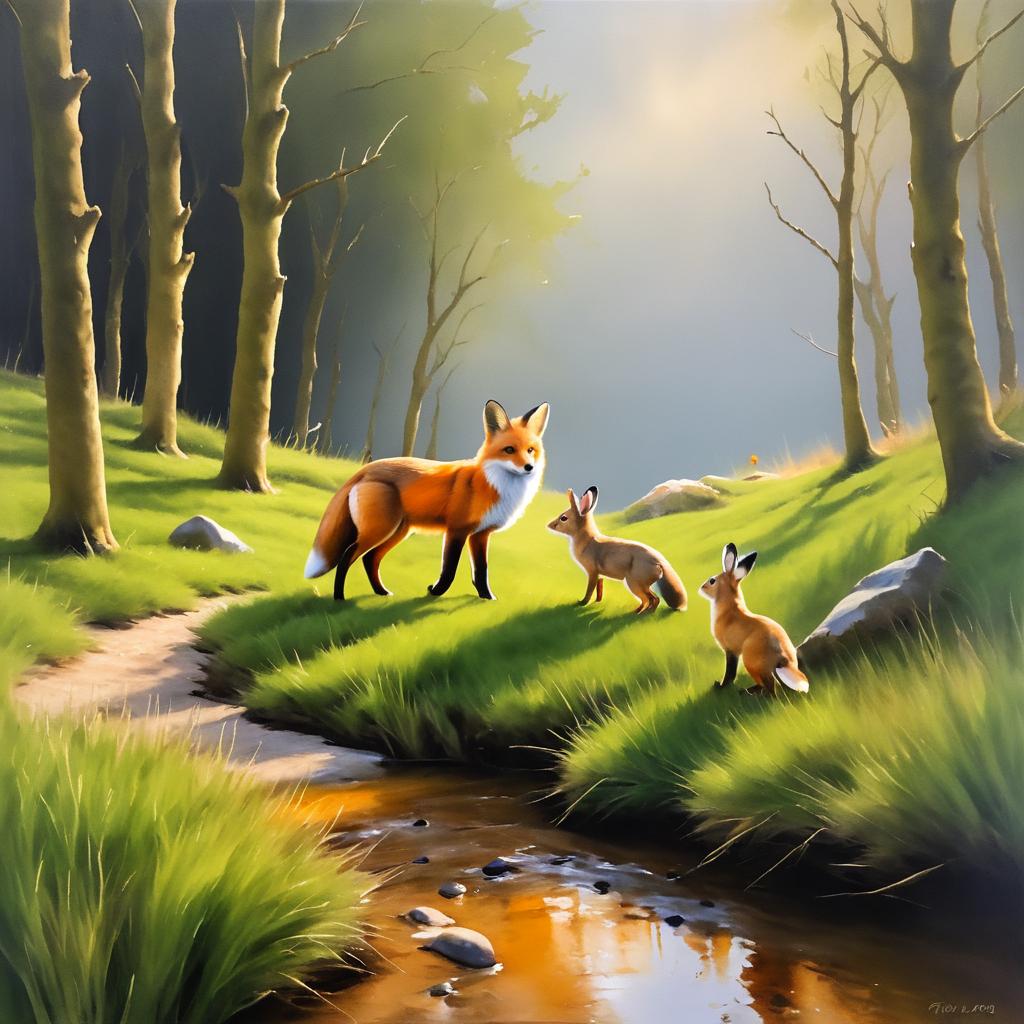 Curious Fox with Hopping Rabbit in Oil