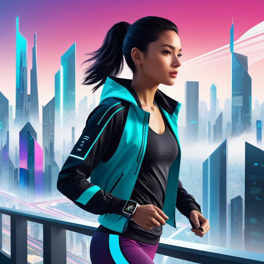 Androgynous Runner in Futuristic Cityscape