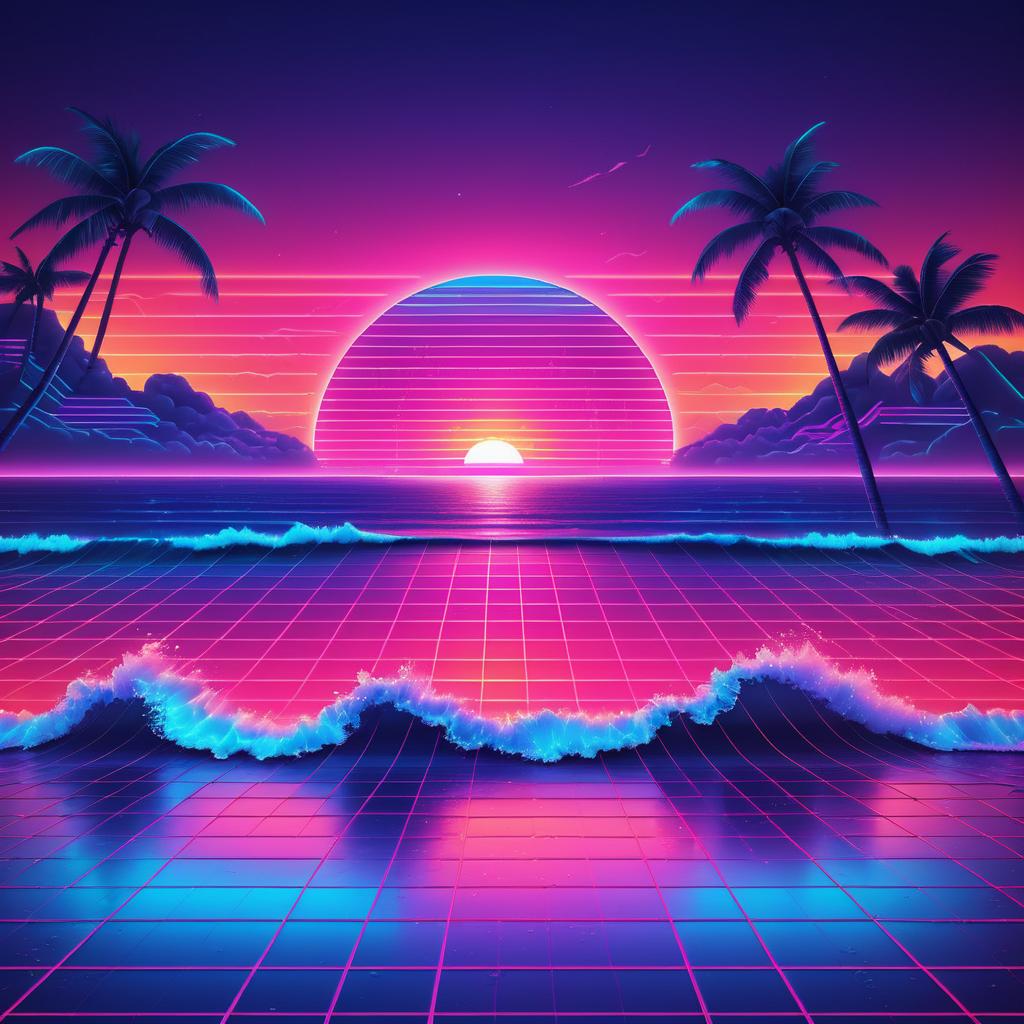 Vibrant 80s Synthwave Ocean Sunset Scene