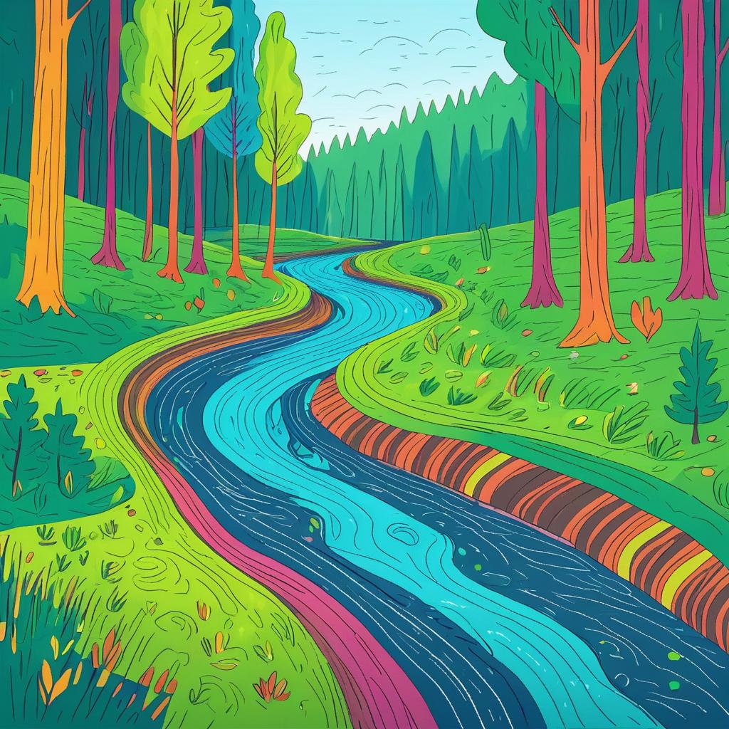 Playful Crayon Forest with Flowing River