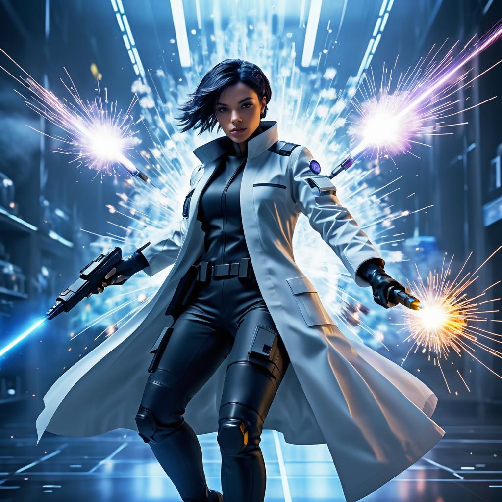 Futuristic Scientist in Explosive Action Scene