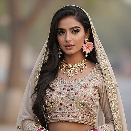 Photograph of a beautiful Indian woman with long black hair, wearing a gold-embroidered crop top, veil, and jewelry, with a pink