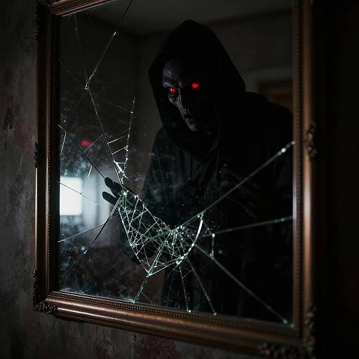Sinister Shadow with Red Eyes Behind Shattered Mirror