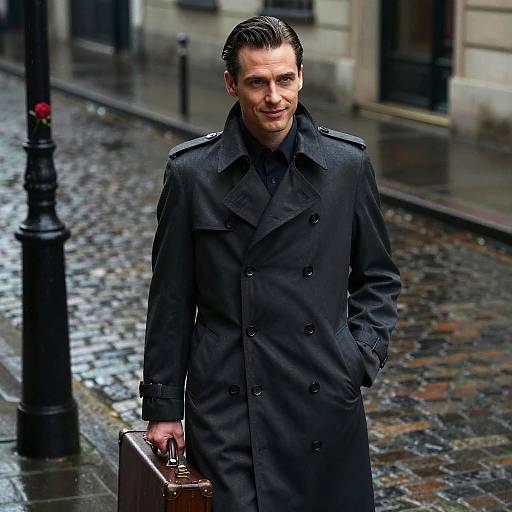 Film Noir Man on Rainy Cobblestone Street