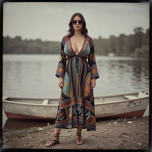 Photograph of a woman with dark hair, wearing a deep V-neck, patterned, long dress and sandals, standing by a lake with a row