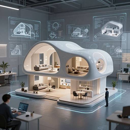 Photograph of futuristic, white, dome-shaped modular home with glowing interior, illuminated by blue LED lights, in a modern, high-tech showroom.