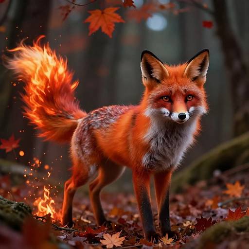 Digital artwork of a fiery red fox with glowing tail in a forest of autumn leaves, surrounded by burning embers.