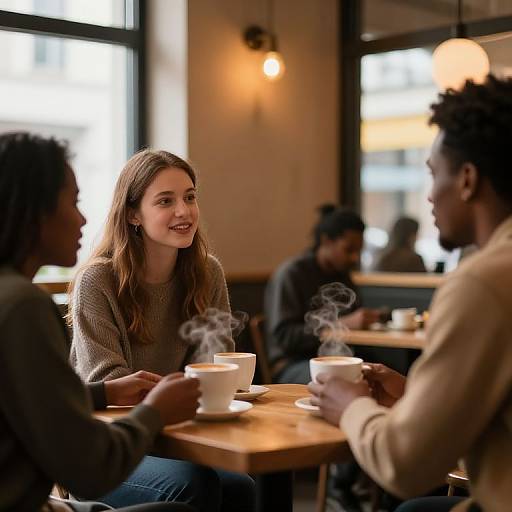 Photograph of three diverse friends, two men and one woman, seated at a wooden table in a cozy, warmly lit café, sipping steaming