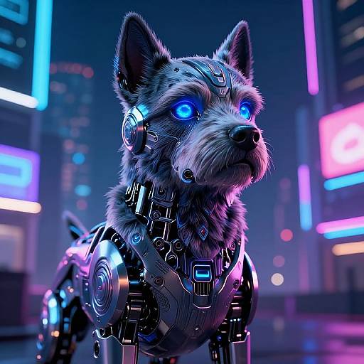 Photorealistic CGI of a cybernetic wolf with glowing blue eyes, metallic armor, and neon cityscape background, blending technology and nature.