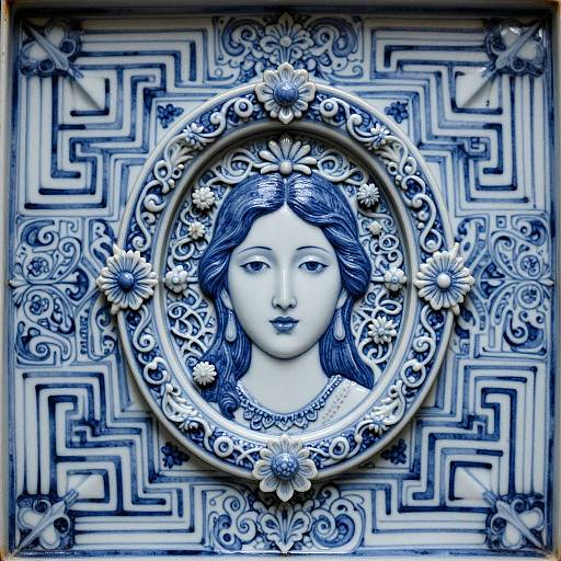 Photograph of an intricate blue and white ceramic plaque featuring a serene, detailed portrait of an Asian woman with long hair, framed by floral patterns and geometric