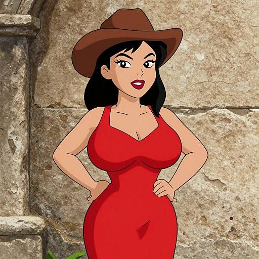 Digital cartoon of a curvy woman with black hair, wearing a red dress and brown hat, standing against a textured stone wall.