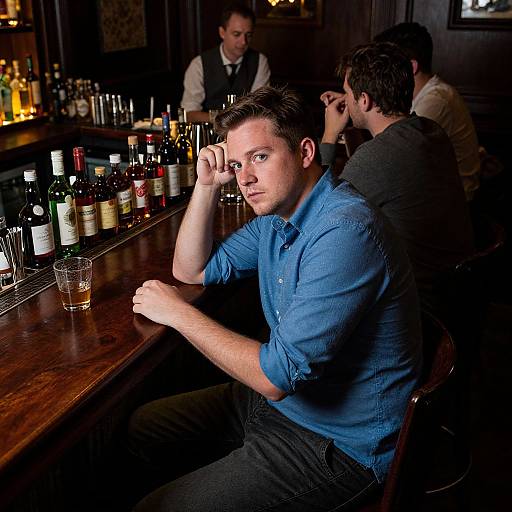 Man in Blue Shirt at Dim Bar