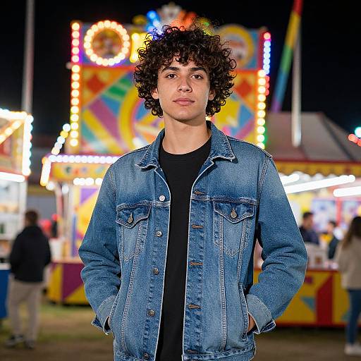 Photograph of curly-haired young man with light skin, wearing blue denim jacket and black shirt, standing in front of brightly lit carnival booth at night.