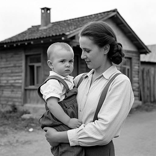 Black-and-white photograph of a woman with dark hair in a bun, wearing a checkered shirt and pinafore, holding a bald, serious-looking