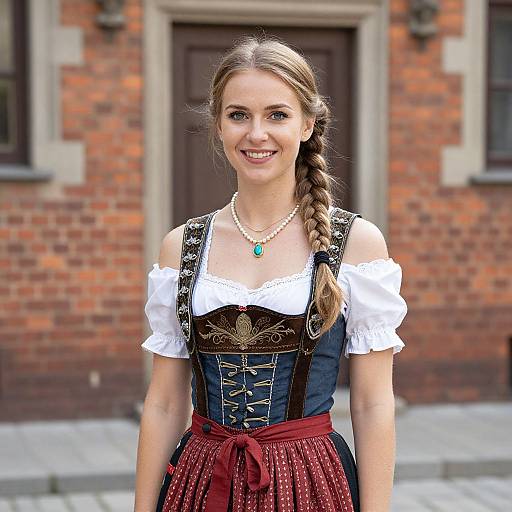 Young woman with braided blonde hair, wearing a traditional Bavarian dress, white blouse, and pearl necklace, smiling in front of a brick building.