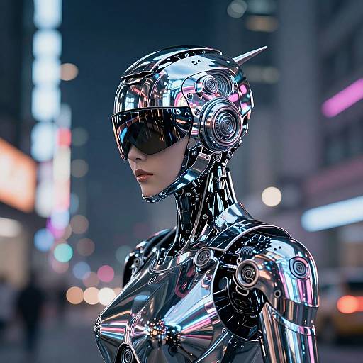 Photorealistic CGI of a futuristic, metallic android woman with reflective armor, black visor, and cybernetic headgear, standing in a neon