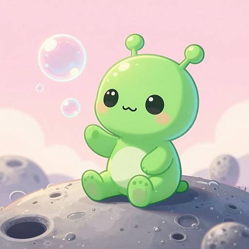 Cute Green Alien on Moon Crater