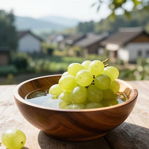 Photograph of a wooden bowl filled with fresh, green grapes, submerged in water, set on a sunlit wooden table, with blurred rural houses and