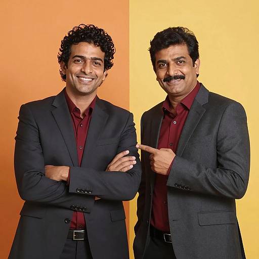 Two Men in Dark Suits Against Colorful Background