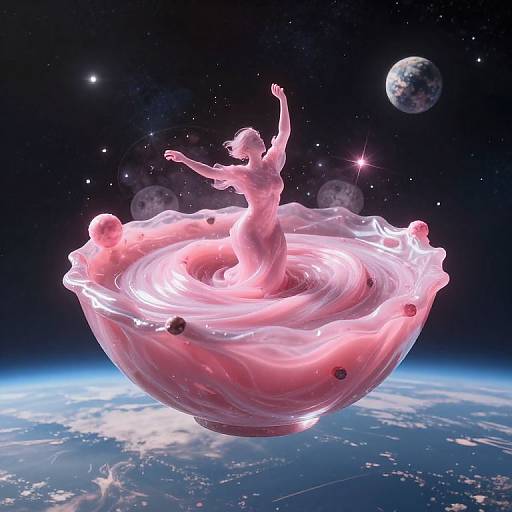 Digital artwork of a glowing pink, translucent figure dancing on a swirling, cosmic bowl against a starry space background with planets.