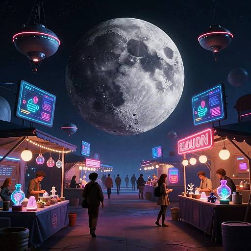 Neon Orbital Bazaar Around Shattered Moon