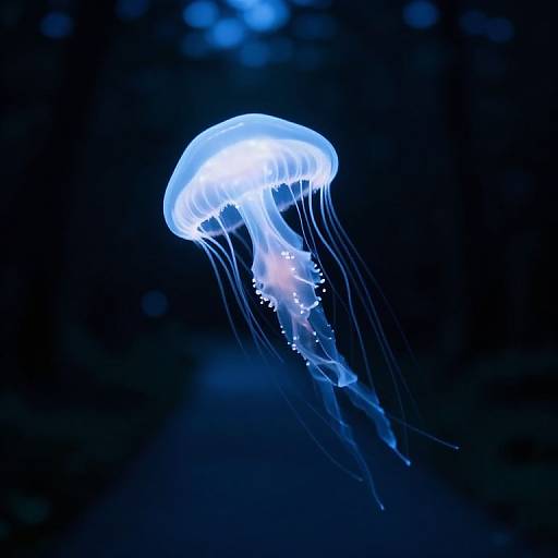 Photograph of a glowing blue jellyfish with translucent tentacles floating against a dark, deep blue underwater background.