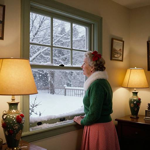 Photograph of a gray-haired woman in green sweater and red skirt, with white fur collar, gazing out snowy window, flanked by lit lamps