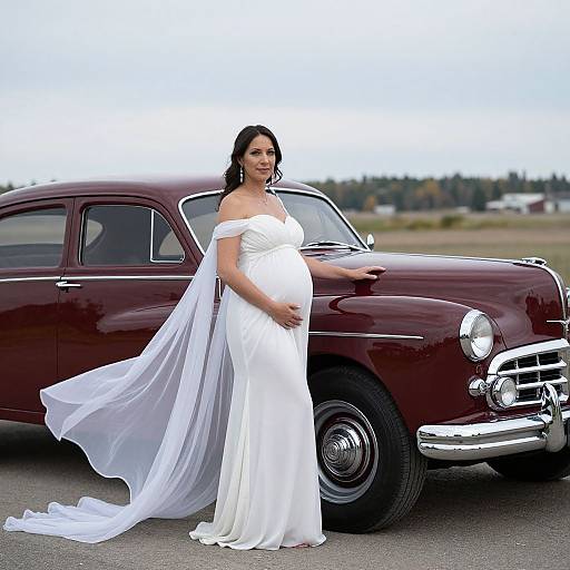 Photograph of a pregnant woman in a white off-shoulder wedding dress with long veil, standing beside a maroon vintage car.