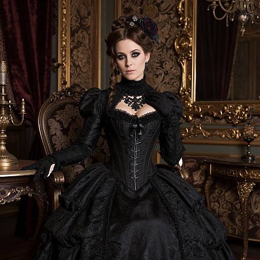 Photograph of a Victorian-style woman in a black lace corset dress, ornate black hairpiece, sitting in an opulent, gold-framed