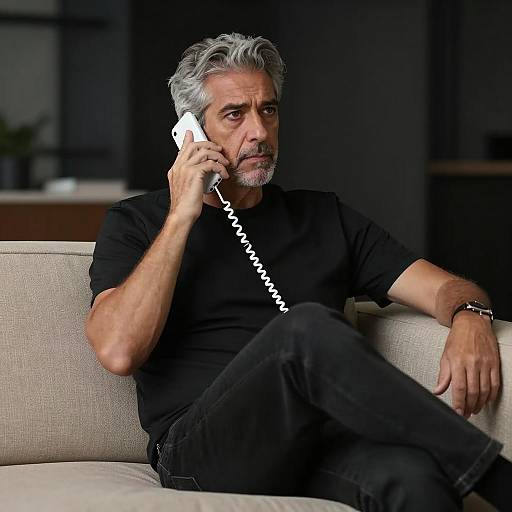 Focused Man on Couch with Phone