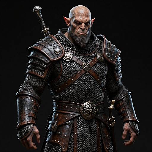 CGI fantasy orc warrior with bald head, beard, pointed ears, wearing dark metallic armor, chainmail, and sword on back, standing against black