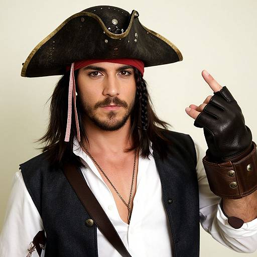 Photograph of a handsome, bearded man with long black hair, wearing a pirate hat, white shirt, black vest, fingerless gloves, and