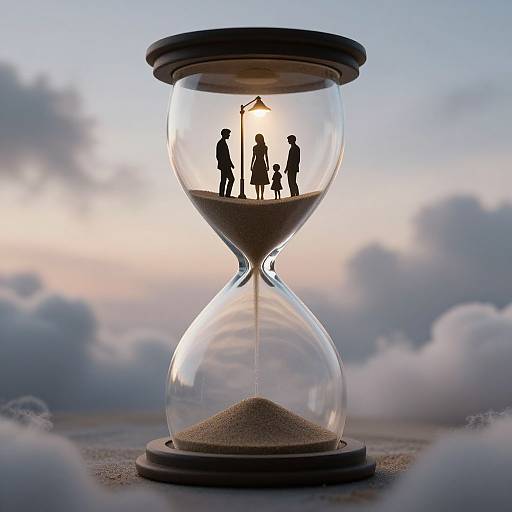 Photograph of a glass hourglass with silhouetted family standing under a small umbrella inside, set against a cloudy sky backdrop.