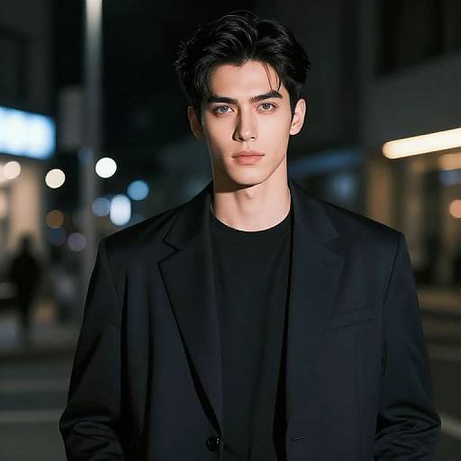 Photograph of a young Caucasian man with pale skin, black hair, and blue eyes, wearing a black suit over a black shirt, standing in a