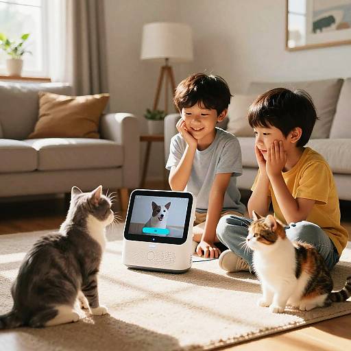 Photograph of two smiling boys in casual clothes, sitting on a rug with two cats, watching a laptop screen in a bright living room.