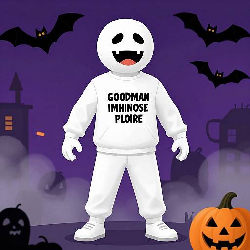 Cartoon ghost in white hoodie reading 