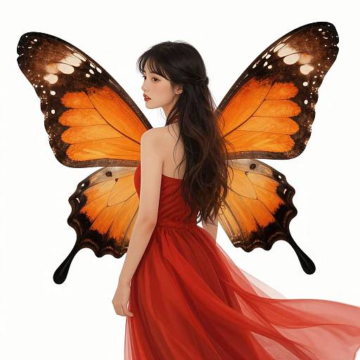 Digital illustration of a fair-skinned woman with long black hair, wearing a flowing red dress, and large orange butterfly wings with black edges, standing against