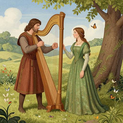 Illustration of a bearded man in medieval brown attire playing a golden harp, facing a woman in a green gown, standing in a lush,