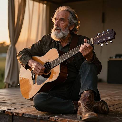 Photograph of an elderly man with gray beard and hair, sitting on wooden porch, playing acoustic guitar, wearing black shirt and jeans, sunlight streaming through