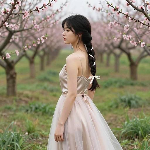 Asian woman with long black braid in satin pink dress, standing in cherry blossom orchard, looking back, soft pink flowers, green grass background.