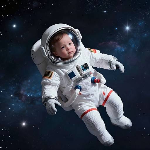 Photorealistic image of a baby in a white astronaut suit with an American flag patch, floating in a starry space background.