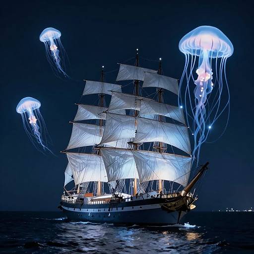 Photograph of a glowing sailboat at night, surrounded by bioluminescent jellyfish, with bright white sails and blue jellyfish tentacles.