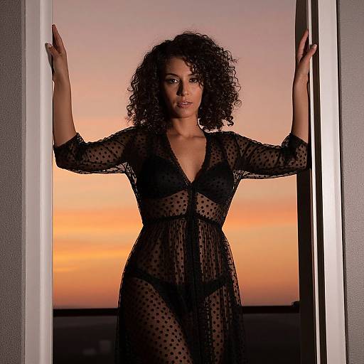 Photograph of a curly-haired woman in black polka dot sheer robe, revealing black lingerie, standing in doorway at sunset.