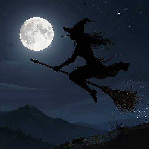 Silhouetted witch on broomstick flying under full moon, with stars, mountains, and dark blue night sky. Digital illustration.