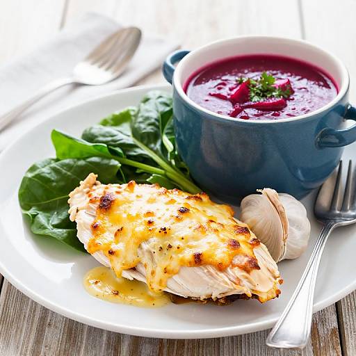 Cheesy Baked Chicken with Beetroot Soup