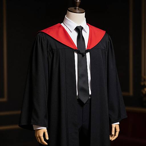 Photograph of a mannequin wearing a black graduation gown with a red academic stole and white shirt, black tie, against a dark background.