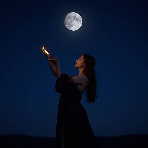 Photograph of a woman with long dark hair, in a black dress, holding out her hands to a glowing full moon against a deep blue night sky