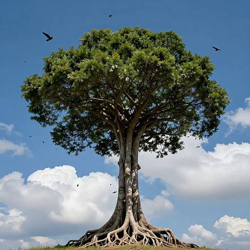 Photograph of a tall, green-leaved tree with visible roots, standing on a hill under a bright blue sky with scattered clouds and flying black birds